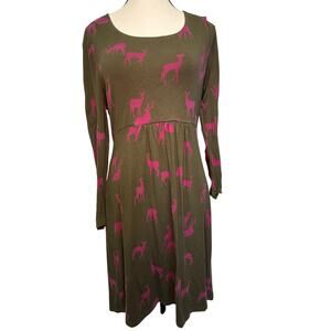Boden Green Pink Deer Print Long Sleeve Dress Size 12 US